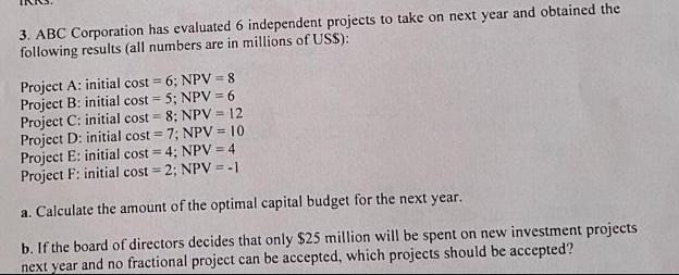 3. ABC Corporation has evaluated 6 independent projects to take on next year and obtained the following