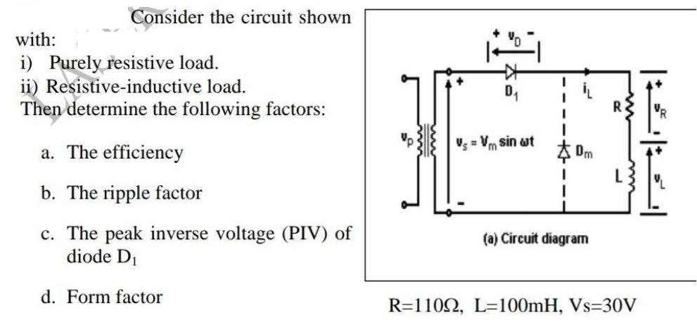 Consider the circuit shown with: i) Purely resistive load. ii) Resistive-inductive load. Then determine the