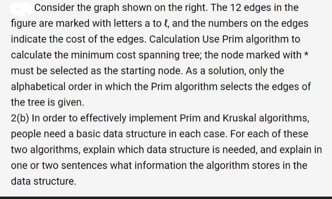 Consider the graph shown on the right. The 12 edges in the figure are marked with letters a to , and the