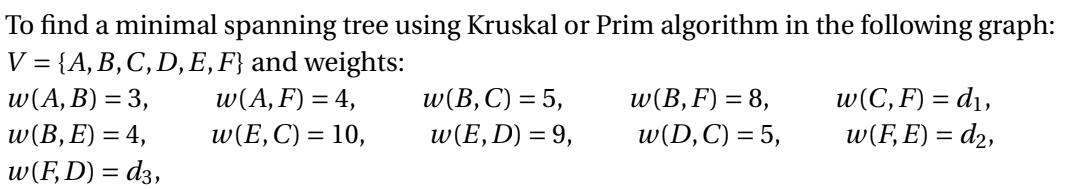 To find a minimal spanning tree using Kruskal or Prim algorithm in the following graph: V = {A, B, C, D, E,