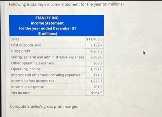 Following is Stanley's income statement for the year (in millions): STANLEY INC. Income Statement For the