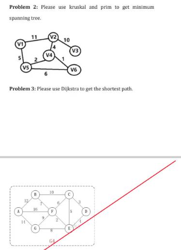 Problem 2: Please use kruskal and prim to get minimum spanning tree. V4 V6 Problem 3: Please use Dijkstra to