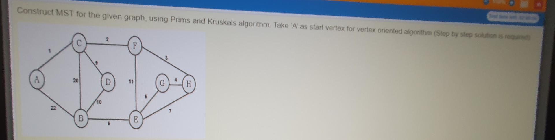 Construct MST for the given graph, using Prims and Kruskals algorithm. Take 'A' as start vertex for vertex