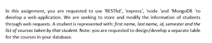 In this assignment, you are requested to use 'RESTful', 'express', 'node 'and 'MongoDB 'to develop a