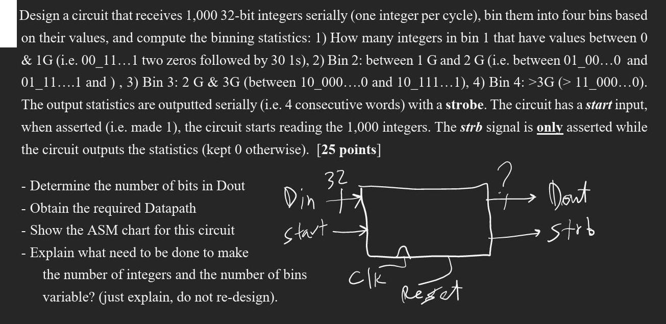 Design a circuit that receives 1,000 32-bit integers serially (one integer per cycle), bin them into four