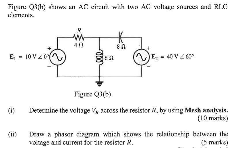 Figure Q3(b) shows an AC circuit with two AC voltage sources and RLC elements. E (i) (ii) + = 10 V 20( R www