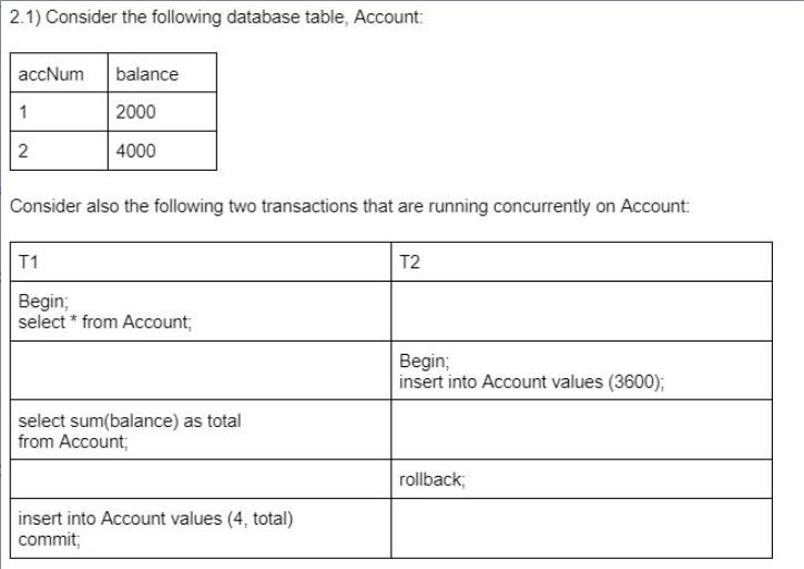 2.1) Consider the following database table, Account: accNum balance 2000 4000 1 2 Consider also the following