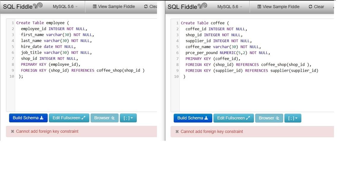 SQL Fiddle MySQL 5.6 Build Schema 1 Create Table employee ( 2 employee_id INTEGER NOT NULL, 3 first_name