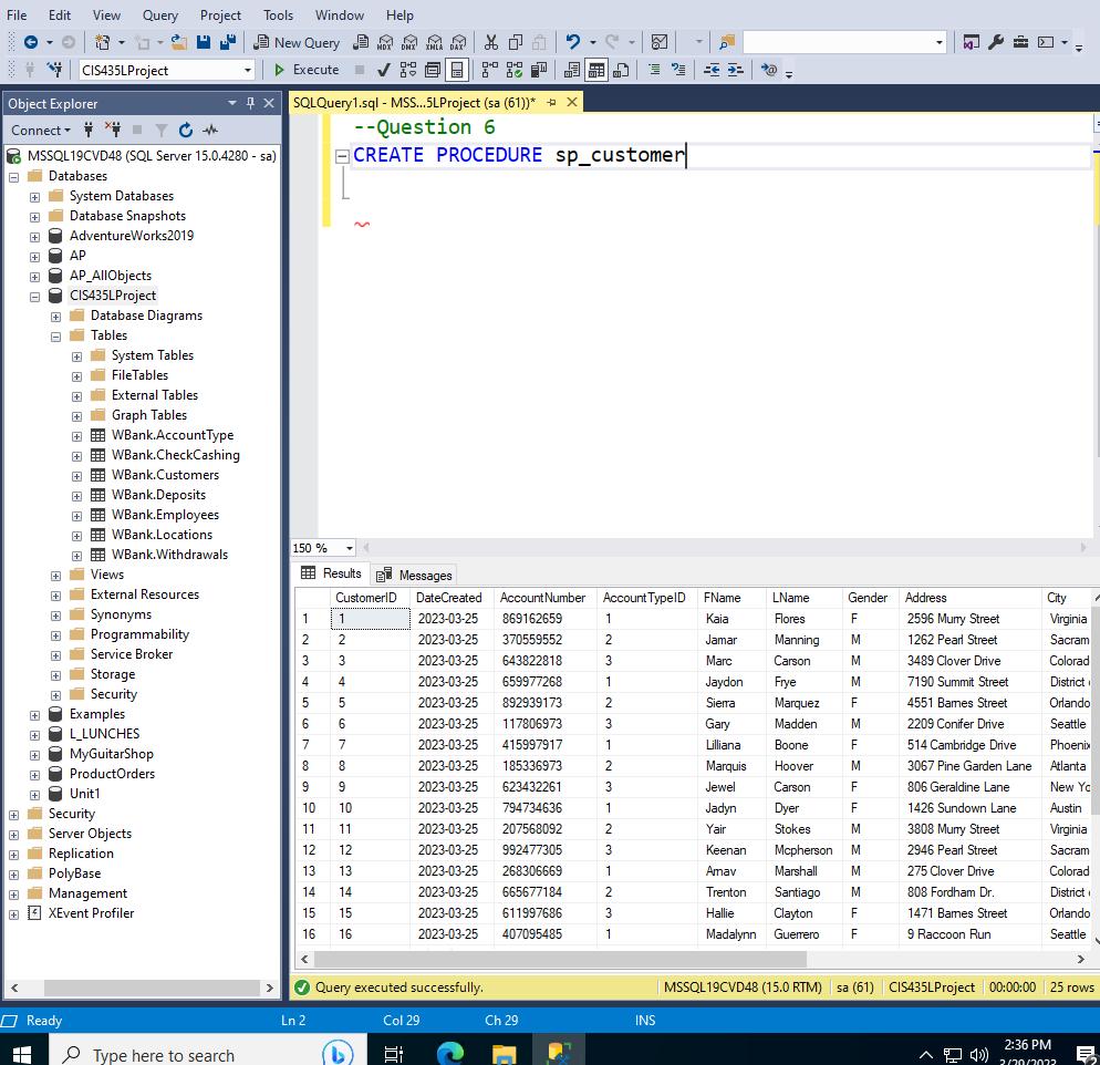 File + CIS435LProject Object Explorer Connect Edit View Query Project Tools Window Help New Query MX DAX + Ch