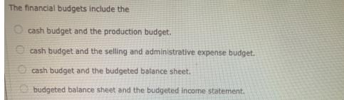 The financial budgets include the OO cash budget and the production budget. cash budget and the selling and
