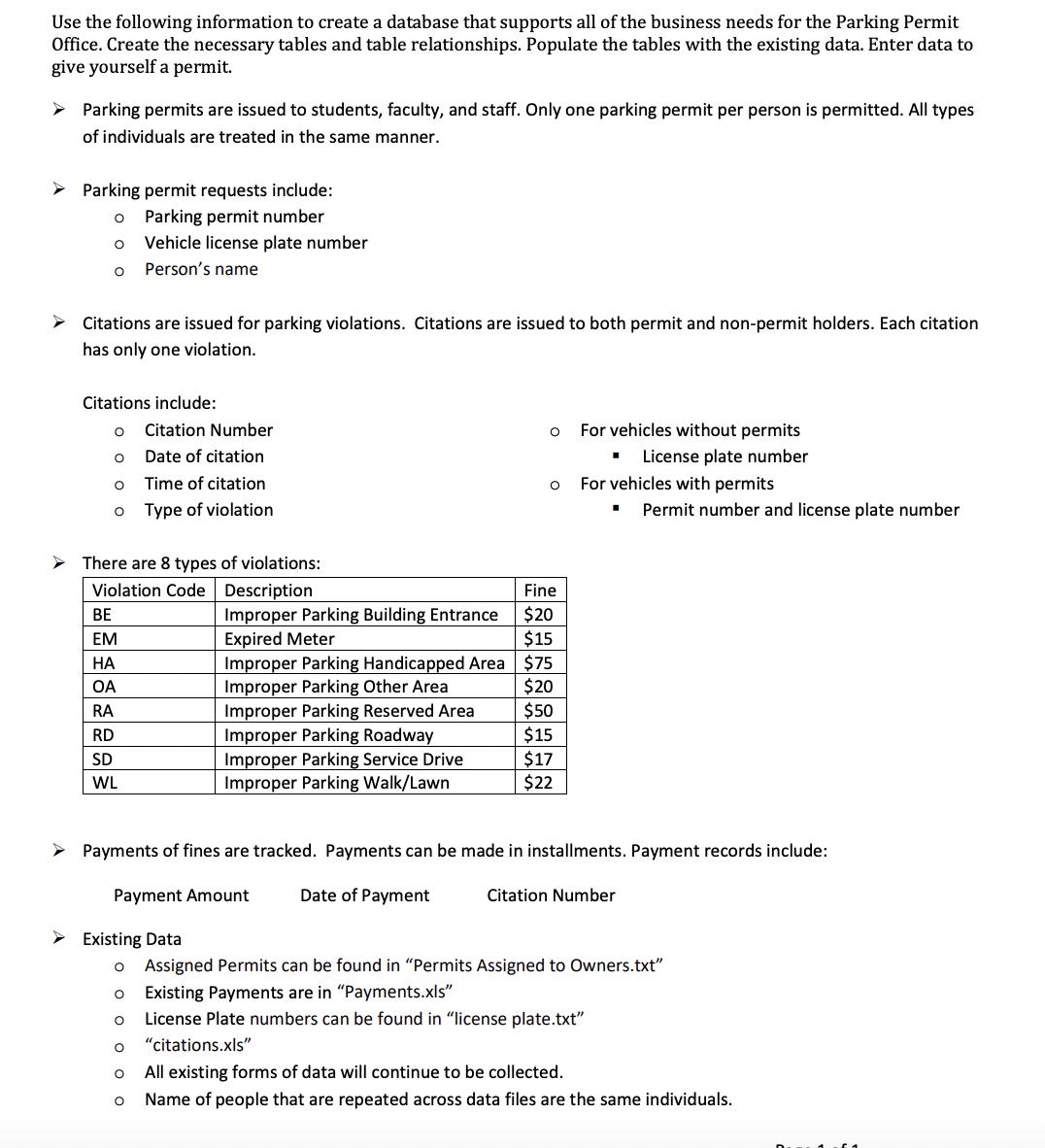 Use the following information to create a database that supports all of the business needs for the Parking