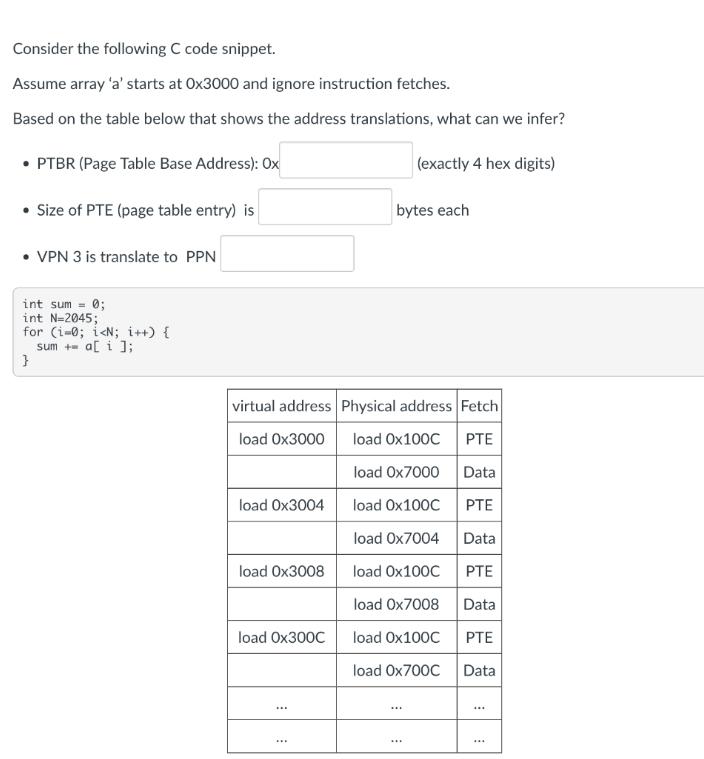 Consider the following C code snippet. Assume array 'a' starts at Ox3000 and ignore instruction fetches.