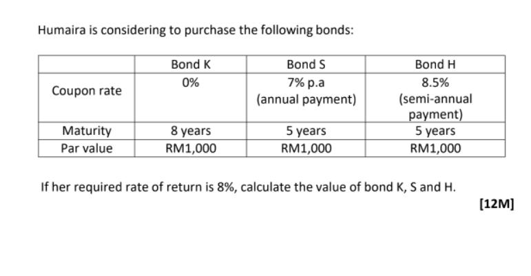 Humaira is considering to purchase the following bonds: Coupon rate Maturity Par value Bond K 0% 8 years