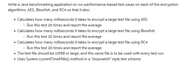 Write a Java benchmarking application to run performance-based test cases on each of the encryption