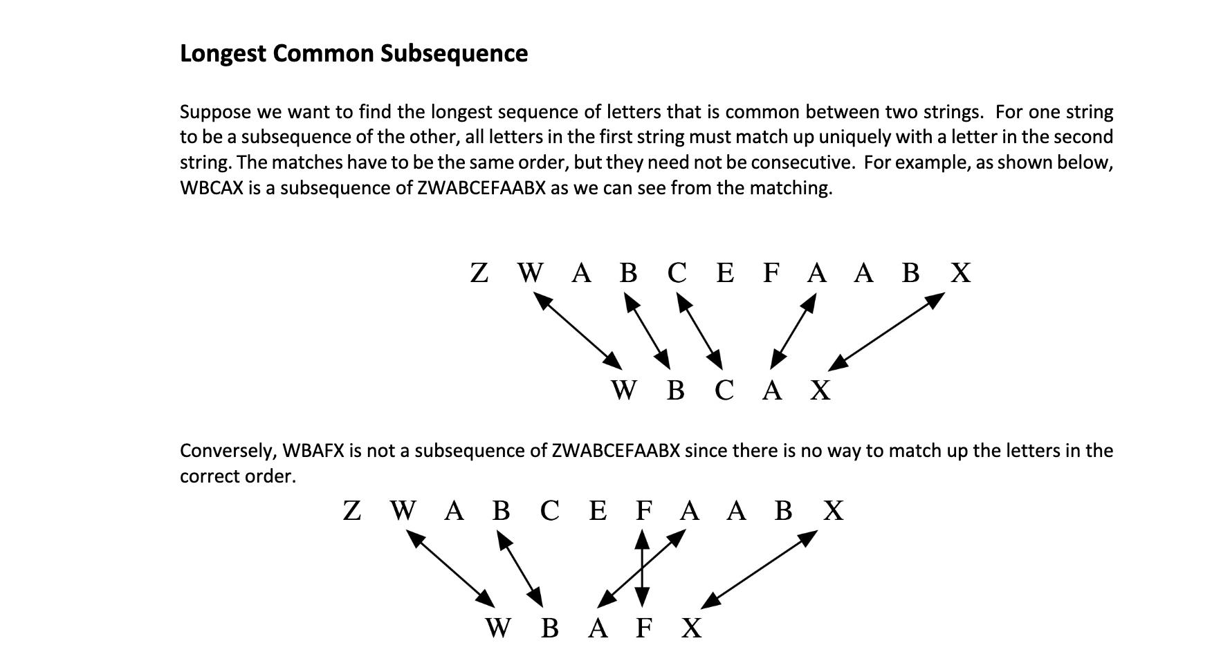 Longest Common Subsequence Suppose we want to find the longest sequence of letters that is common between two