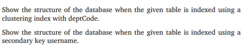 Show the structure of the database when the given table is indexed using a clustering index with deptCode.
