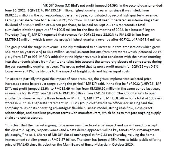 MR DIY Group (M) Bhd's net profit jumped 64.59% in the second quarter ended June 30, 2022 (2QFY22) to