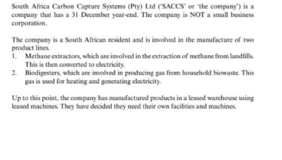 South Africa Carbon Capture Systems (Pty) Ltd (SACCS' or 'the company') is a company that has a 31 December