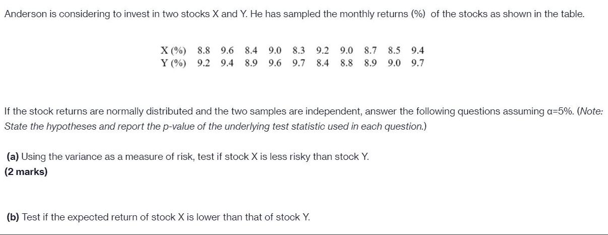 Anderson is considering to invest in two stocks X and Y. He has sampled the monthly returns (%) of the stocks