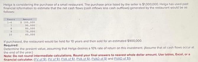 Helga is considering the purchase of a small restaurant. The purchase price listed by the seller is