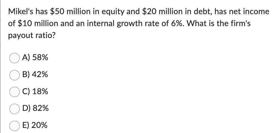 Mikel's has $50 million in equity and $20 million in debt, has net income of $10 million and an internal