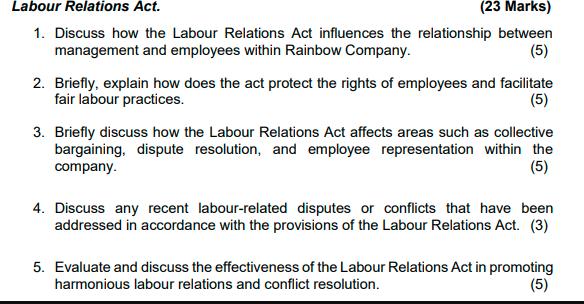 (23 Marks) Labour Relations Act. 1. Discuss how the Labour Relations Act influences the relationship between