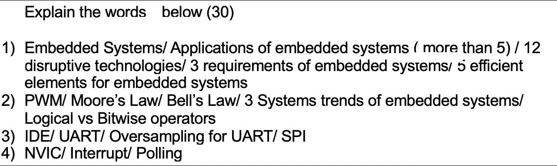 Explain the words below (30) 1) Embedded Systems/ Applications of embedded systems ( more than 5) / 12