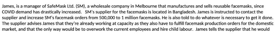 James, is a manager of SafeMask Ltd. (SM), a wholesale company in Melbourne that manufactures and sells