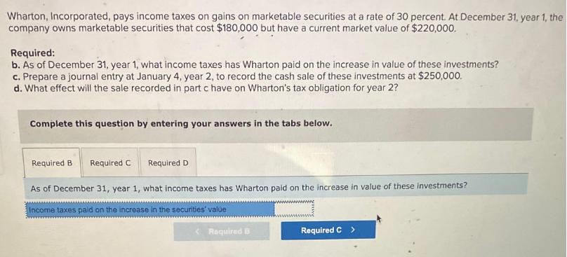 Wharton, Incorporated, pays income taxes on gains on marketable securities at a rate of 30 percent. At