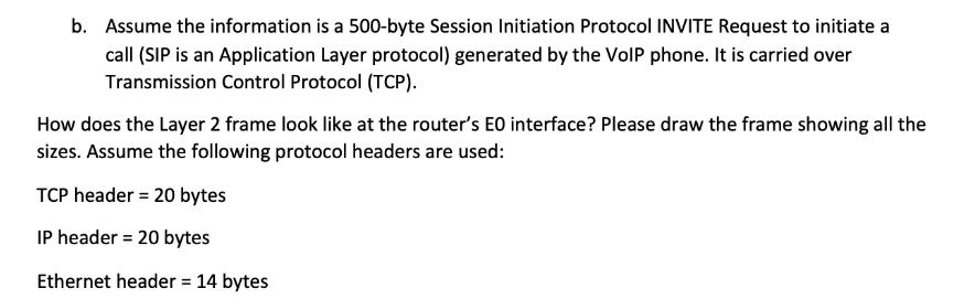 b. Assume the information is a 500-byte Session Initiation Protocol INVITE Request to initiate a call (SIP is