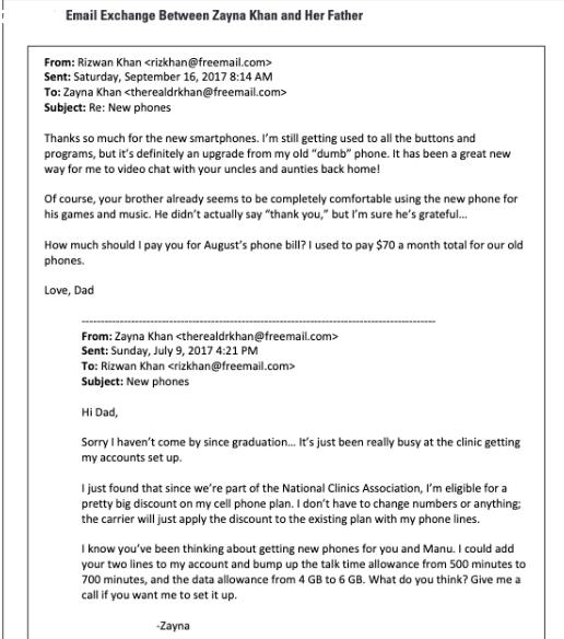 Email Exchange Between Zayna Khan and Her Father From: Rizwan Khan Sent: Saturday, September 16, 2017 8:14 AM