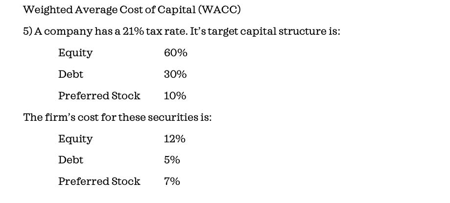 Weighted Average Cost of Capital (WACC) 5) A company has a 21% tax rate. It's target capital structure is: