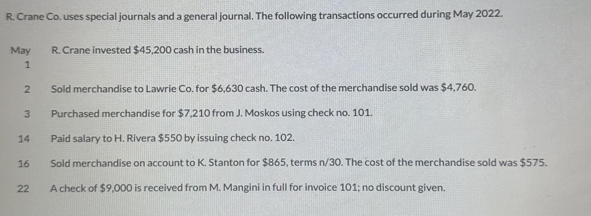 R. Crane Co. uses special journals and a general journal. The following transactions occurred during May