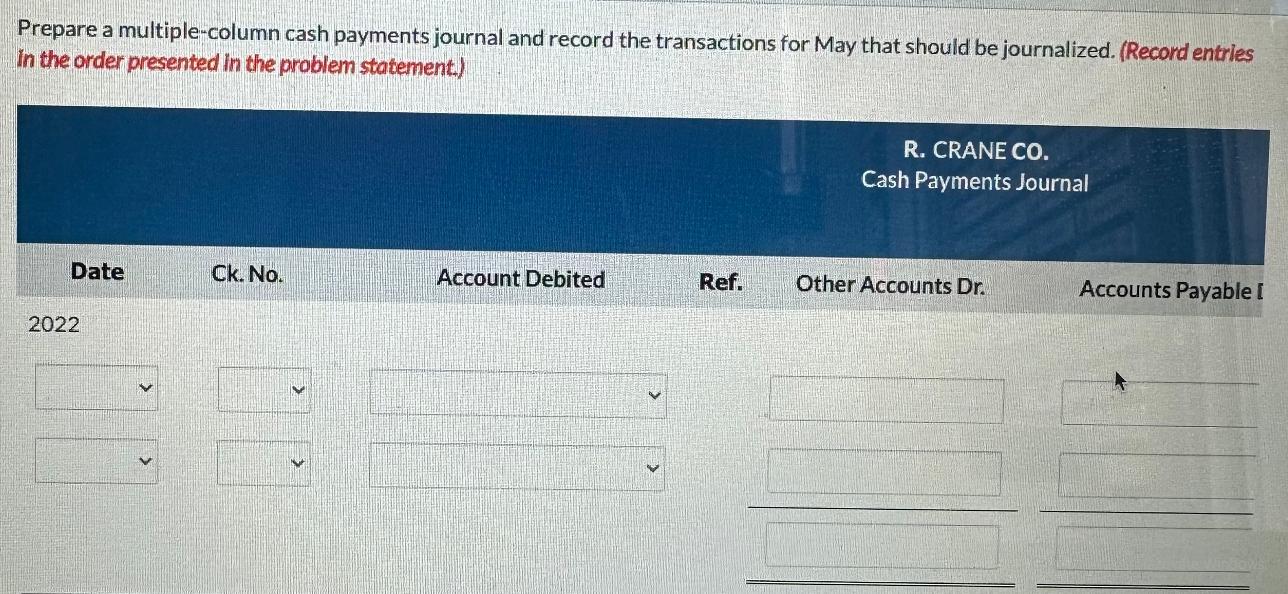 Prepare a multiple-column cash payments journal and record the transactions for May that should be