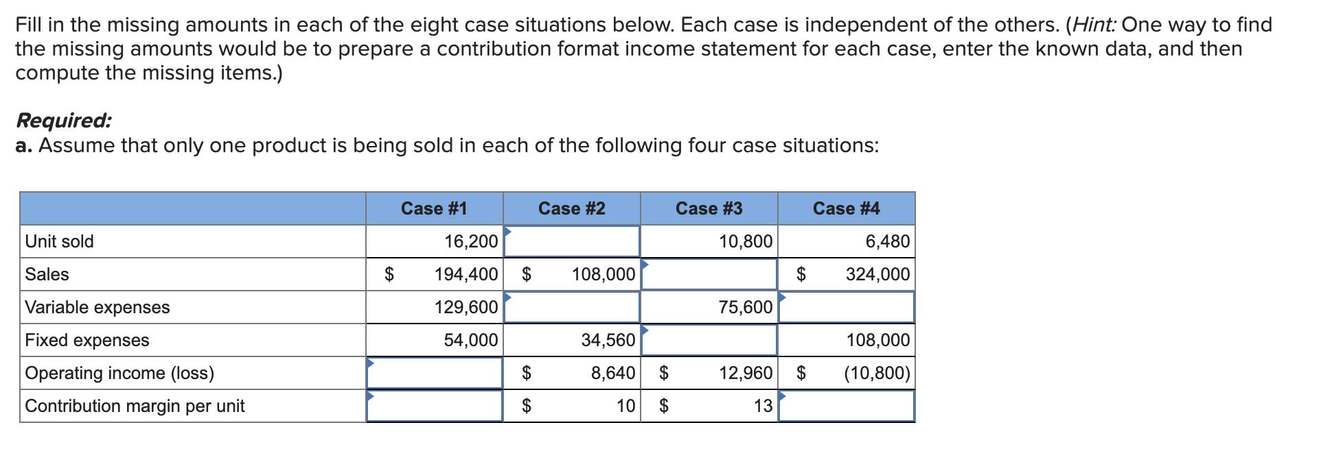 Fill in the missing amounts in each of the eight case situations below. Each case is independent of the