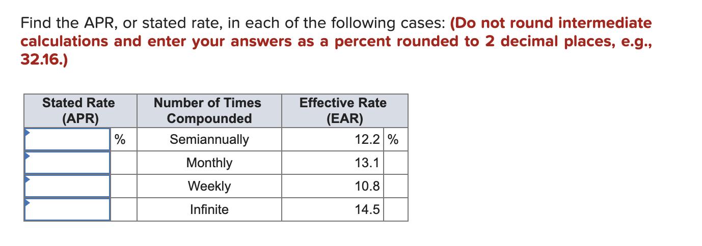 Find the APR, or stated rate, in each of the following cases: (Do not round intermediate calculations and