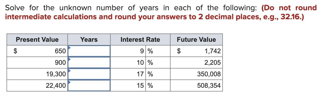 Solve for the unknown number of years in each of the following: (Do not round intermediate calculations and