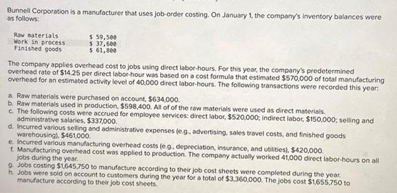 Bunnell Corporation is a manufacturer that uses job-order costing. On January 1, the company's inventory