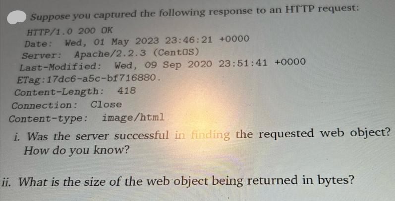 Suppose you captured the following response to an HTTP request: HTTP/1.0 200 OK Date: Wed, 01 May 2023