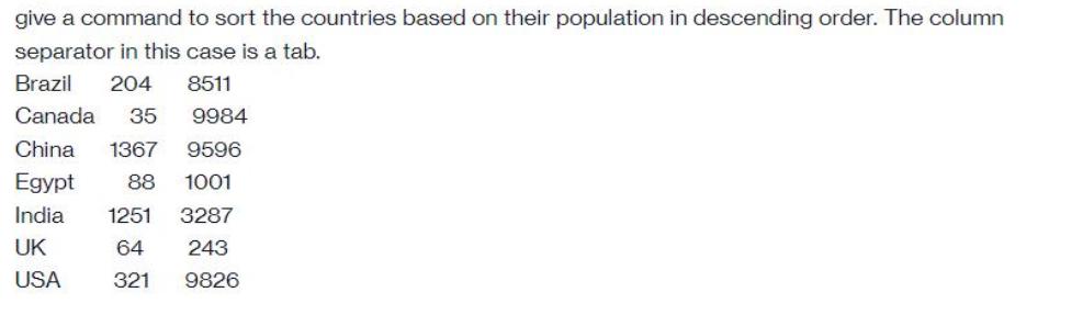 give a command to sort the countries based on their population in descending order. The column separator in