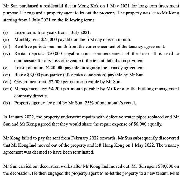 Mr Sun purchased a residential flat in Mong Kok on 1 May 2021 for long-term investment purpose. He engaged a
