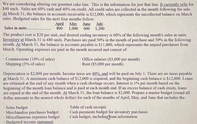 We are considering altering our gourmet cake line. This is the information for just that line. It currently
