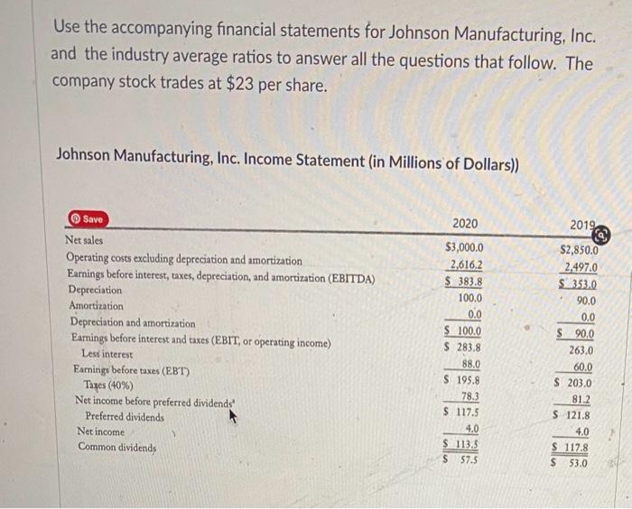 Use the accompanying financial statements for Johnson Manufacturing, Inc. and the industry average ratios to