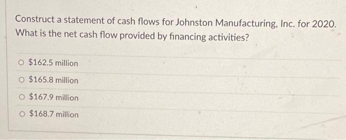 Construct a statement of cash flows for Johnston Manufacturing, Inc. for 2020. What is the net cash flow