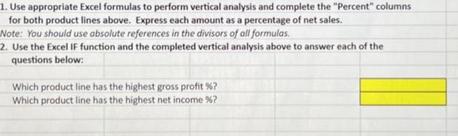 1. Use appropriate Excel formulas to perform vertical analysis and complete the 