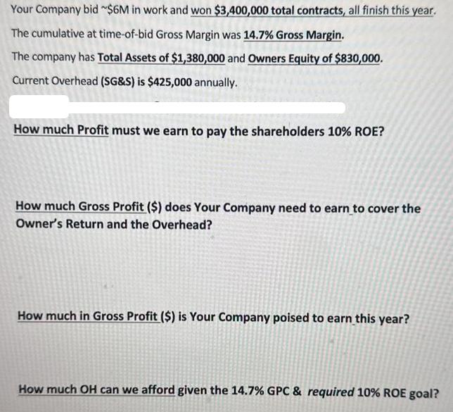 Your Company bid ~$6M in work and won $3,400,000 total contracts, all finish this year. The cumulative at