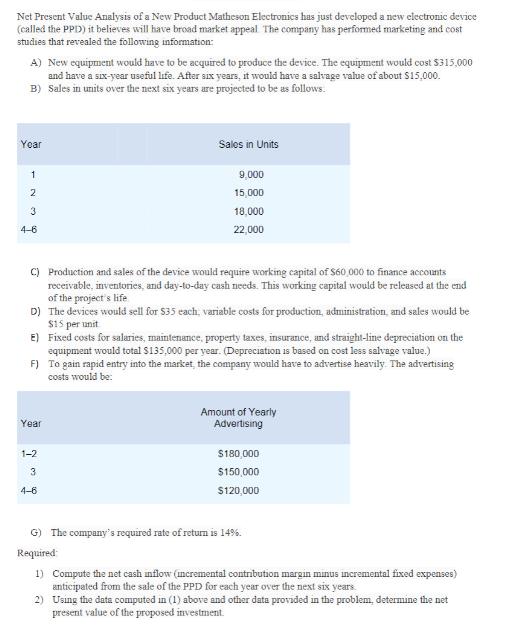 Net Present Value Analysis of a New Product Matheson Electronics has just developed a new electronic device