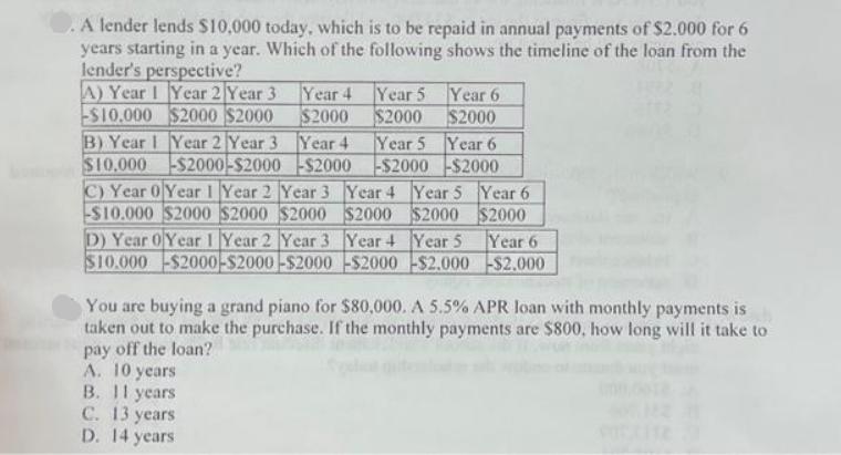 . A lender lends $10,000 today, which is to be repaid in annual payments of $2.000 for 6 years starting in a