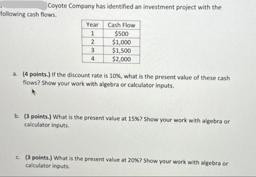 Coyote Company has identified an investment project with the following cash flows. Year 1 2 3 4 Cash Flow