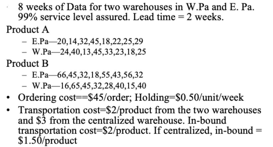 8 weeks of Data for two warehouses in W.Pa and E. Pa. 99% service level assured. Lead time = 2 weeks. Product